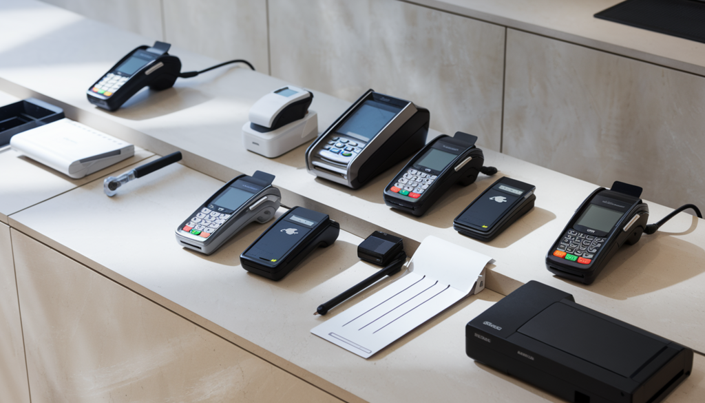The image depicts a professional retail store setup featuring an array of payment devices, including both new and refurbished credit card terminals, wired and wireless options, and PIN pads, all displayed on sleek, neutral-toned countertops surrounded.